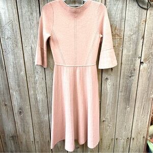 Lela Rose Pink A-Line Knit Dress with Cuffed 3/4 Sleeves